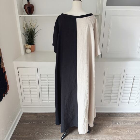 Kedem Sasson Colorblock Black Beige Linen Oversized Caftan Maxi Dress OS - Picture 4 of 8